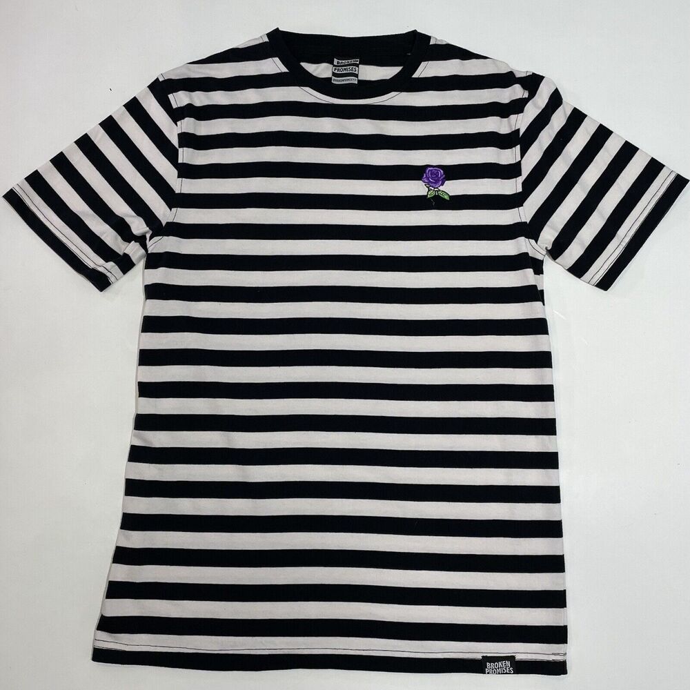Broken Promises Men’s T-shirt Purple Rose Black/White Striped Soft Cotton Sz M
